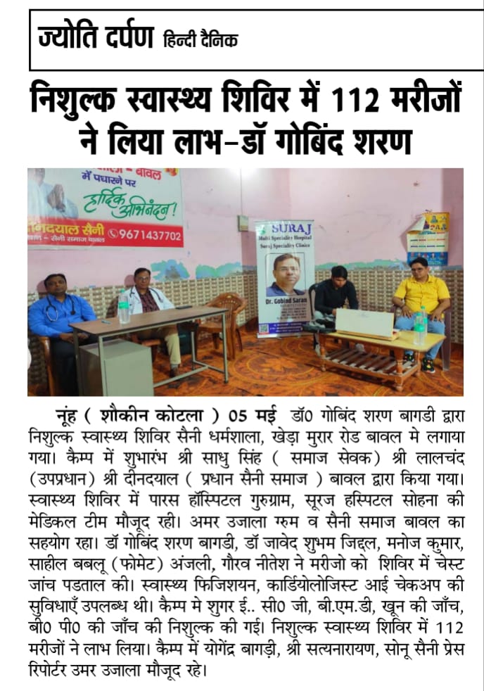 Newspaper report: 112 patients treated at the Bawal health camp