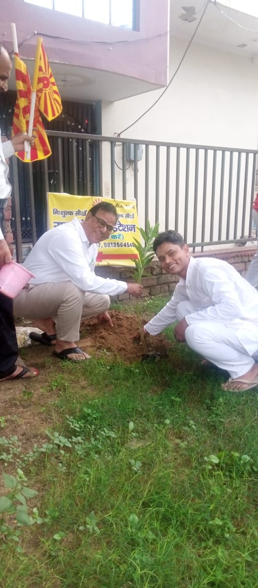 Volunteers planting a sapling during a plantation drive